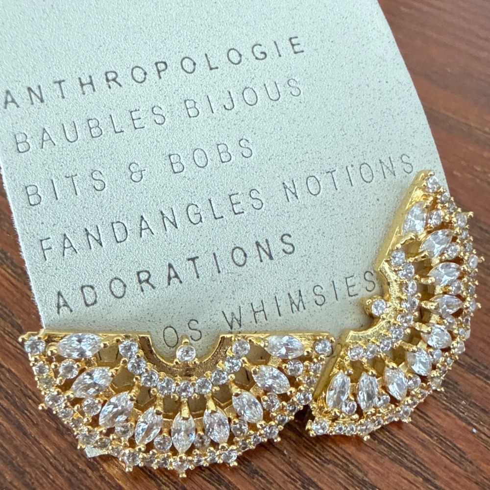 Anthropologie‎ 14K Gold Plated Crystal Fan Bridal Formal Statement Earrings NWT